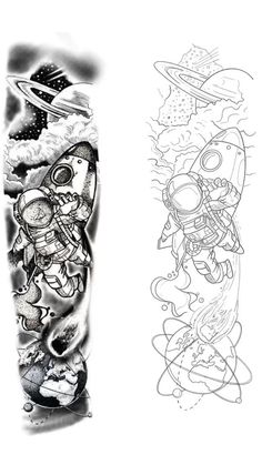 two different tattoo designs, one with an alien and the other with a rocket ship