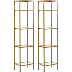 two gold metal shelvings with glass shelves