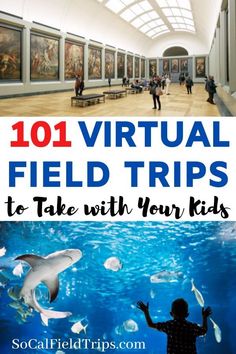 the inside of an aquarium with text overlay that reads 20 virtual field trips to take with your kids