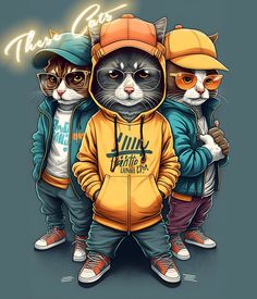 three cats wearing hoodies and hats standing next to each other