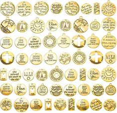 60 pieces: Assorted quote/word charms-Antiqued gold alloy-Assorted sizes and styles-Inspirational quote phrases/words Inspiration Words, Charming Quotes, Halloween Pendant, Pendants Gold, Fairy Pendant, Fairy Charms, Beads Pictures, Gold Alloys, Beads Charms