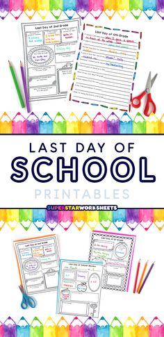 the last day of school printables with scissors, pencils and paper clips