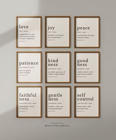 six framed posters with the words love, joy, peace, and goodness