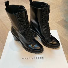 Black Leather Heeled Combat Boots By Marc Jacobs. These Are Tts And In Euc. Heeled Combat Boots, Marc Jacobs Shoes, Jacob Black, Black Leather Heels, Moto Boots, Marc Jacobs, Combat Boots, Black Leather, Size 6