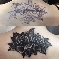 two different pictures of a woman's back with roses on it