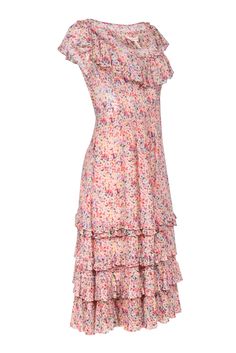 Get swept away in the romantic vibes of the Margo Midi by Rebecca Taylor. Boasting a charming floral print and soft cotton-silk blend, this dreamy dress is perfect for countless occasions. The romantic ruffles and flowy tiered design add an elegant touch to this colorful number. Style with strappy white sandals for brunch or go glam with gold metallic heels. Size 6 Shell 70% Cotton, 30% Silk Lining 100% Viscose Concealed side zip Scoop neckline Short flutter sleeves Stretch smocked waist Midi length Tiered-ruffle trim Bust 34.25" Waist 29" Shoulder to hem 45.5" Flowy Ditsy Floral Print Dress For Casual Wear, Flowy Ditsy Floral Print Dress For Casual Occasions, Casual Flowy Ditsy Floral Dress, Elegant Tiered Floral Dress, Flowy Ditsy Floral Print Dress For Daywear, Flowy Ditsy Floral Dress For Daywear, Tiered Midi Dress With Floral Print For Daywear, Tiered Floral Print Midi Dress For Daywear, Flowy Feminine Floral Print Dress