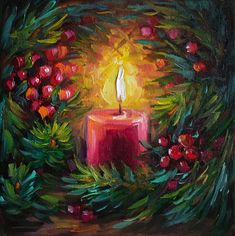 a painting of a lit candle surrounded by greenery and berries on a dark background