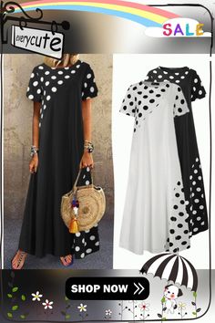 Womens Summer Polka Dot Long Dress Kaftan Short Sleeves Patchwork Casual Loose Maxi Dress Plus Size Polka Dot Long Dress, Plus Size Tunic Dress, Long Dress Plus Size, Maxi Shift Dress, Short Noir, Dress Kaftan, Polka Dot Maxi Dresses, Loose Maxi Dress, Womens Shift Dresses