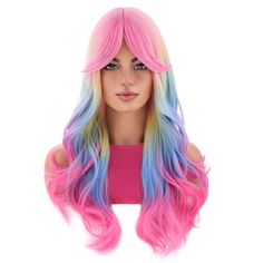 PRICES MAY VARY. Cap Size: About 22.5 Inches with Adjustable Straps, 2 adjustable straps could help you adjust the wig cap size less or more for about 1-1.5 inches. Specification: Length:26 Inches from top to end, 21.5-22 Inches from front to back(the bangs and scalp included), Weight-200g Approx, Color-Gray. About The Style: All wigs are trimmed by hand, so the hairstyle may go slightly difference from different batch, you can style this wig base on your need. Wig Type: Selected heat resistant Wavy Wig With Bangs, Colorful Wigs, Long Wavy Wig, Rainbow Wig, Wavy Wig, Wig With Bangs, Long Wigs, Wig Accessories, Synthetic Wig