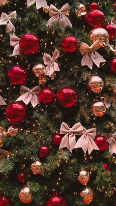 the christmas tree is decorated with red and gold baubles, bows and ornaments