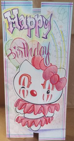 a happy birthday card with an image of a clown in pink and red on it