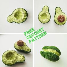 crocheted avocados are shown in four different stages