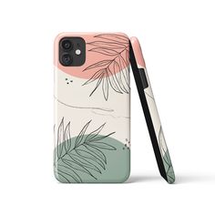 an iphone case with palm leaves on the back and pink, green, white and blue background