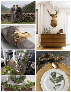 a collage of photos with gold and silver decorations, deer head on the wall