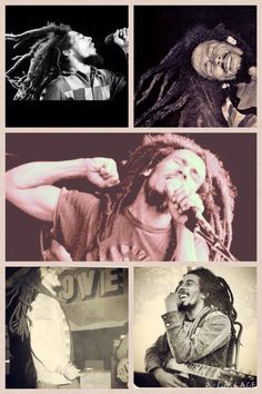 the four images show different people singing and playing guitar, one with dreadlocks on his head