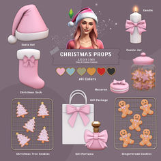 the christmas props are all pink and have bows on their head, stockings, mittenss, cookies, santa's hat