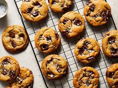 chocolate chip cookies cooling on a wire rack