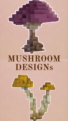 an advertisement for mushroom designs on the side of a pink background with yellow and purple squares