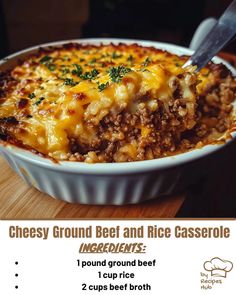 Cheesy Ground Beef and Rice Casserole Beef And Rice Recipes, Hamburger Rice Casserole, Hamburger Steak Recipes, Flavorful Rice