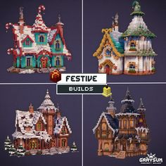 four different styles of houses made out of legos and paper machches with text reading festive build's