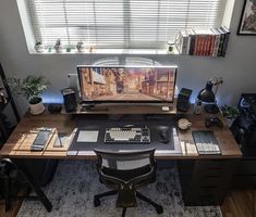 a desk with a computer on it in front of a window