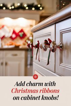 an advertisement for christmas ribbons on cabinet knobs