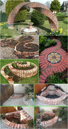 several pictures of different types of bricks in the garden and around them are shown here