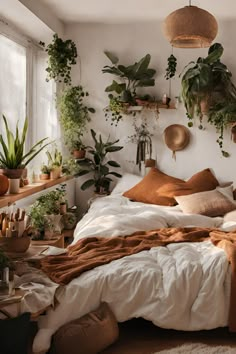 Bohemian bedroom with greeny/earthy decor, candles, cushions, indoor plants, and cozy vibes Bedroom With Hanging Plants, Plant Bedrooms, Plant Filled Bedroom, Plant Decor Bedroom, Rooms With Plants, Plants In Bedroom, Botanical Bedroom, Earthy Bedroom, Cozy Fall Bedroom