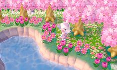 an animal is standing in the middle of a garden with pink flowers and other animals