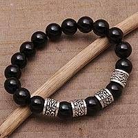 Men's onyx beaded stretch bracelet, 'Shrine Shadow' - Men's Onyx and 925 Silver Beaded Stretch Bracelet from Bali Mens Onyx Bracelet, Mens Beaded Necklaces, Bracelet Pandora, Silver Jewelry Earrings, Black Onyx Stone, Onyx Bracelet, Onyx Bead