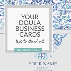 a business card with blue and white paisley pattern on the front, and text that reads your