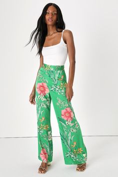 Lulus Exclusive! Live your best life and look great doing it with the Lulus Thriving Vibes Bright Green Floral Print Satin Wide-Leg Pants! These super sleek woven satin pants are decorated with a gorgeous garden's worth of flowers in shades of red and pink that decorate the high-rise silhouette and wide pant legs. Hidden side zipper/clasp. Orange Floral Pants, Summer High Waist Satin Bottoms, Stretch Satin Bottoms For Summer, Elegant Green Floral Print Bottoms, Green Floral Print Bottoms For Work, Spring Stretch Satin Bottoms, Chic Green Floral Print Pants, Elegant High Waist Floral Print Bottoms, Green Floral Print Straight Leg Bottoms