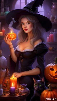 a woman dressed as a witch holding a pumpkin in front of a cat and candle