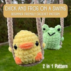 two crocheted birds sitting on swings with the text, chick and frog on a swing beginner friendly crochet pattern