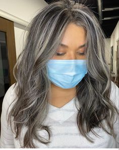 Brunette With Silver Balayage, Brown Over Blonde Highlights, Blending Natural Gray Hair, Ash Brown Hair Grey Highlights, Salt And Pepper Hair In 30s, Midlife Crisis Hairstyles, Long Layer Shoulder Length Hair, Highlighted Grey Hair Going Gray, Smoky Gray Highlights Brown Hair