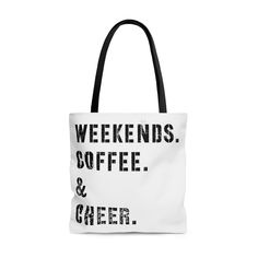 Introducing our Weekends. Coffee & Cheer Tote Bag: the perfect accessory for moms who love to cheer on their kids! Whether you're supporting your little cheerleaders at practice or shining bright in the stands, this tote bag is designed to add an extra dose of spirit to your weekends. Crafted with care from durable materials, our tote bag combines practicality with style. The spacious interior provides plenty of room for all your essentials, from water bottles and snacks to pom-poms and extra hair ties. With this bag by your side, you'll be ready to cheer your heart out and keep everything organized at the same time. Rectangular Weekend Bags With Letter Print, Casual Coffee-colored Bag For Everyday Use, Rectangular Bags With Letter Print For Weekend, Casual Coffee-colored Everyday Bag, Rectangular Letter Print Bag For Weekend, Coffee-colored Rectangular Travel Bag, Rectangular Coffee Travel Bag, Sport Tote Bag, Cheer Coach Gifts