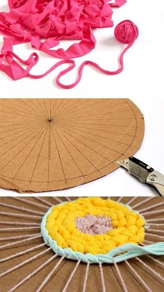 an image of some crafting supplies on the floor and in front of it is a paper umbrella