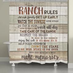 a shower curtain with the words ranch rules on it