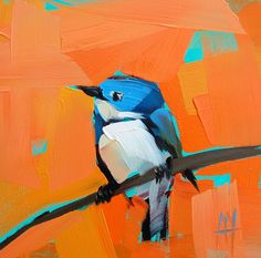 a painting of a blue bird sitting on a branch in front of an orange background