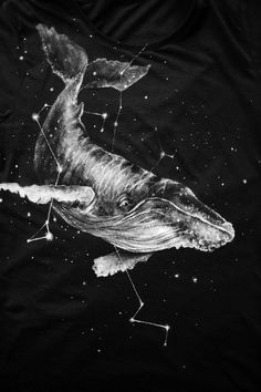 a black and white photo of a whale with stars on it's back ground