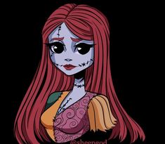 a cartoon character with long red hair and black eyes, wearing a pink dress that says she