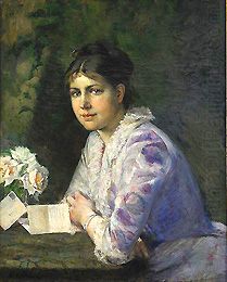 a painting of a woman sitting at a table with flowers in her hand and an open book