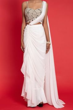 Ivory pre-draped saree in a shimmer crinkled fabric base and side ruching. Comes with pearl and bead embroidered padded blouse. - Aza Fashions White Pre-draped Saree With Sheer Dupatta, Elegant White Draped Saree, White Traditional Drape Blouse Piece For Evening, Crinkled Fabric, Draped Saree, Padded Blouse, Drape Saree, Embellished Blouse, Aza Fashion