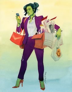 a drawing of a woman holding shopping bags