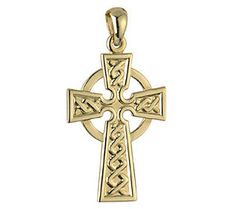 Proudly display your faith with this beautiful embossed Celtic cross charm. From Solvar. Symbolic Yellow Gold Cross Jewelry, Classic Engraved Crucifix Cross Necklace, Classic Engraved Crucifix Jewelry, Traditional Yellow Gold Cross Pendant Jewelry, Classic Engraved Cross Pendant Jewelry, Classic Engraved Cross Jewelry, Elegant Engraved Cross Pendant, Symbolic Engraved Crucifix Jewelry, Classic 14k Gold Crucifix Jewelry And Charms