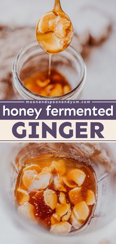 honey fermeted ginger syrup being poured into a glass jar