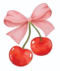 two cherries with a pink bow on them