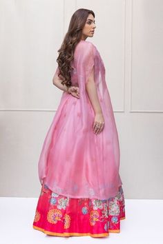 Pink cape with floral thread sequin embroidery. Paired with blossom printed can can attached ombre lehenga and padded corset. - Aza Fashions Spring Wedding Choli, Spring Choli With Sheer Dupatta, Cape Lehenga, Kurta Lehenga, Pink Cape, Lehenga Pattern, Blossom Print, Lehenga Skirt, Beaded Neckline