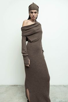 100% alpaca/ long tube dress/ slouchy neck / can be worn on one shoulder or draped at front, cowl neck in front or back, and one shoulder Elena is 5'10" size 2 wearing size S Long Tube Dress, Slouch Pants, Long Fitted Dresses, Long Sweater Dress, Knit Bottom, Womens Sweaters, Dress Shirt Sleeves, Sweater Dresses, Tube Dress