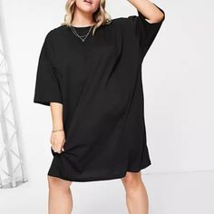 Asos Design Curve Oversized T-Shirt Dress In Black. New With Tag, Never Worn. #Y536 Black Oversized Crew Neck T-shirt Dress, Black Cotton T-shirt Dress With Relaxed Fit, Oversized Black Crew Neck T-shirt Dress, Black Relaxed Fit T-shirt Dress With Crew Neck, Black Relaxed Fit T-shirt Dress With Short Sleeves, Sparkle Shorts, Cropped White Tee, Oversized T Shirt Dress, Asos Tops